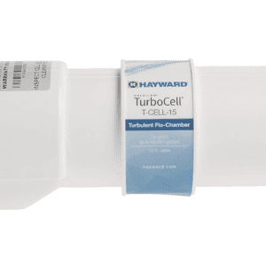 Hayward W3T-CELL-15 TurboCell Salt Chlorination Cell for In-Ground Swimming Pools up to 40,000 Gallons, with cable and labels, viewed from the side.